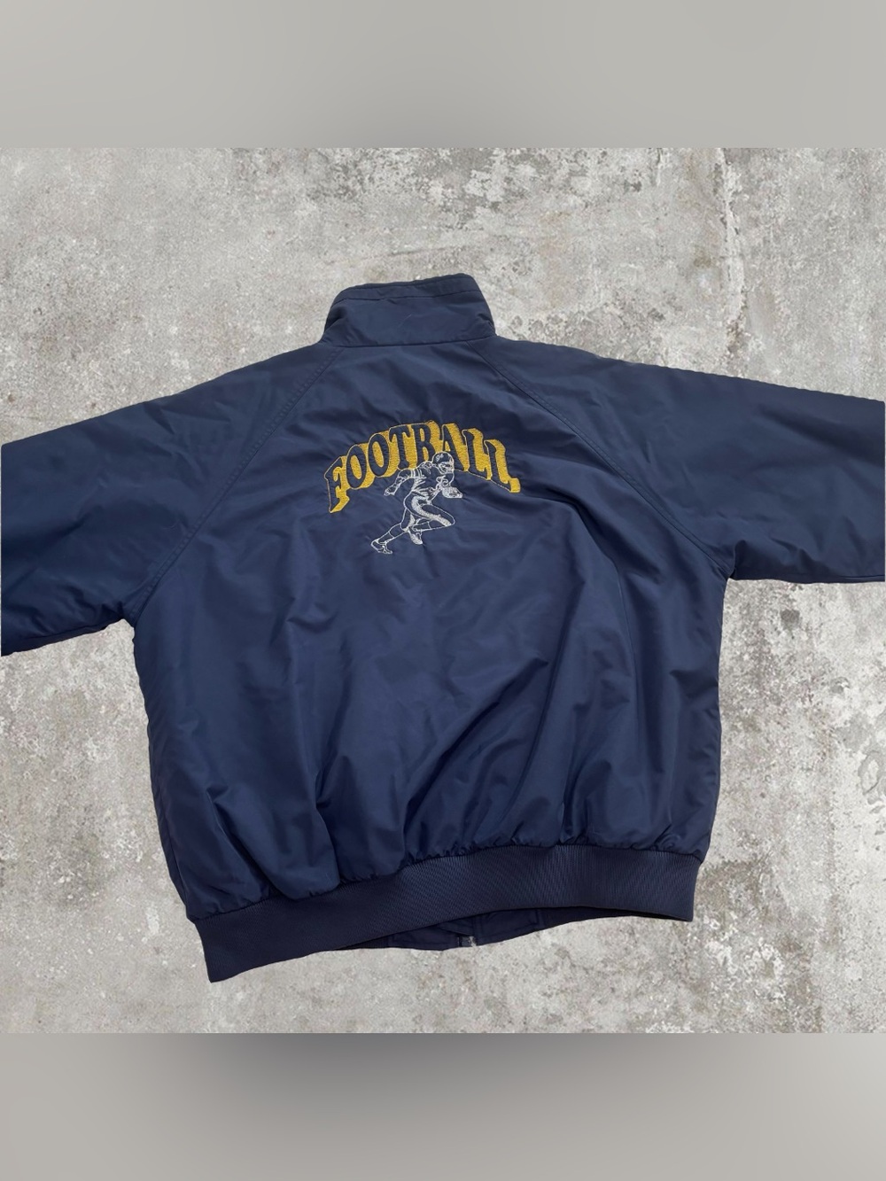Vintage Navy Blue Football Embroidered Fleece Lined Windbreaker Jacket